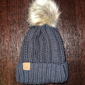 CC Black Knit Beanie with Faux Fur Pom